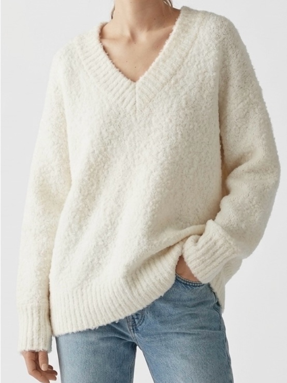 Aerie Teddy Boucle V-Neck Oversized Sweater Cream Ivory Elevated Basics